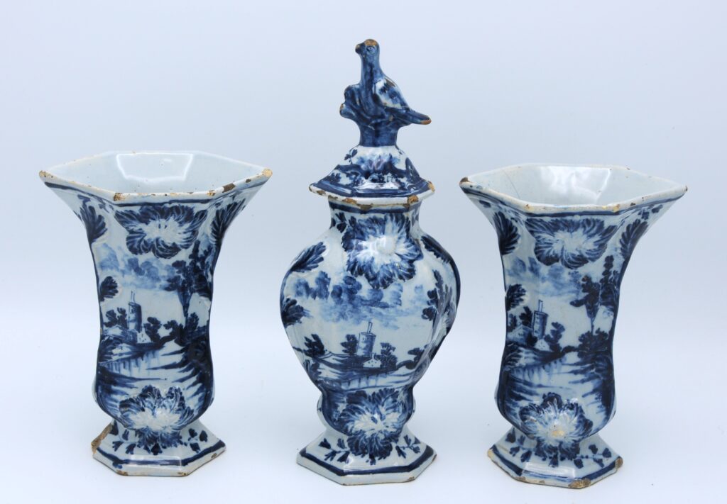 Antique Dutch Delft, De Grieksche A - 3 piece Garniture set, 18th century