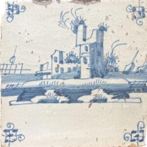 Delft Tile with a castle and ships - 18th century