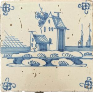 Delft Tile with a farmhouse and sailing boats - 18th century