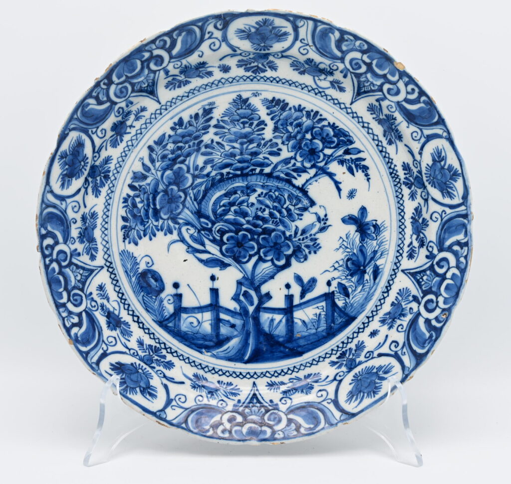 Antique Dutch Delft -Blue and White 'Tea Tree' or 'Tree of life' plate -18th century, Witte Starre, Cornelis Brouwer, 1724-1738