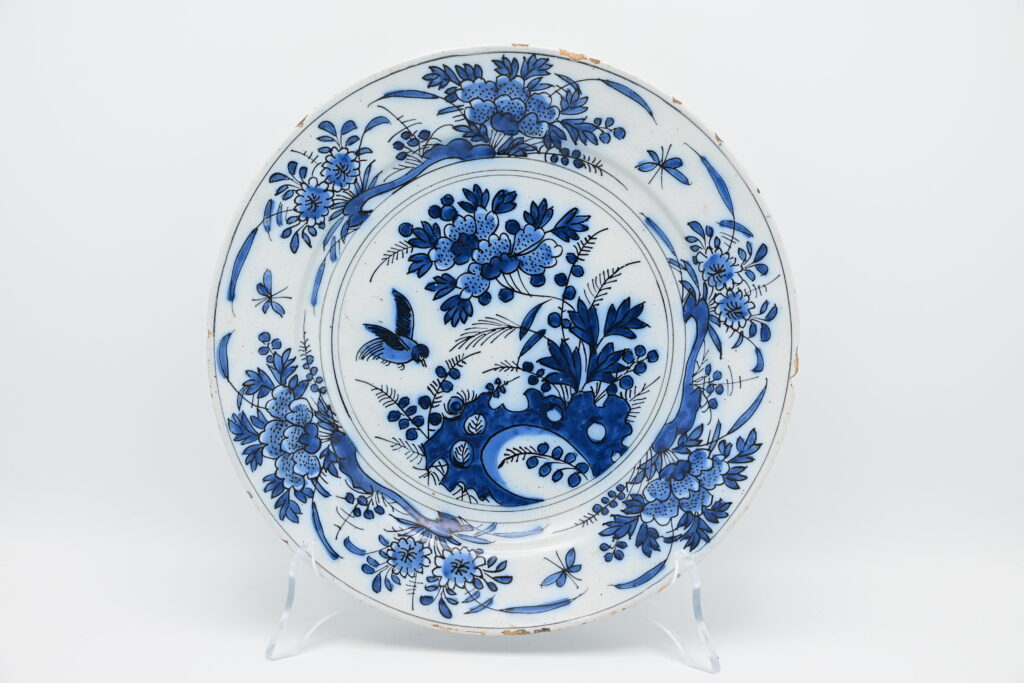 Antique 17th century Delft Blue and White Plate, Chinoiserie decor with a bird, circa 1690