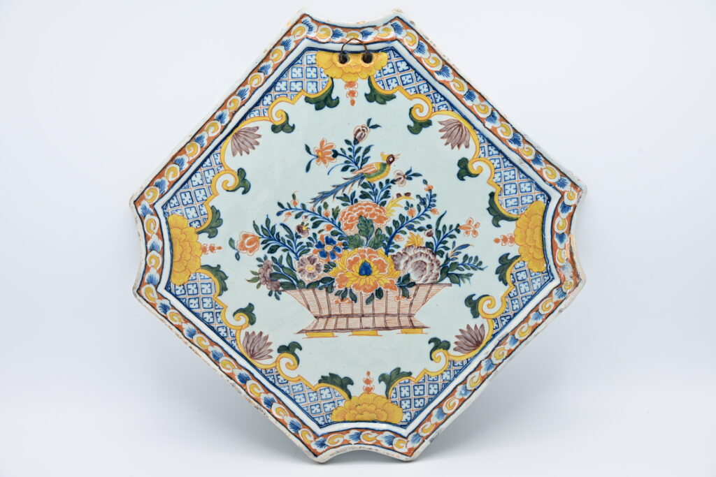 Antique 18th Century Dutch Delft Polychrome Wall Plaque with Bird and Flower Basket, circa 1750