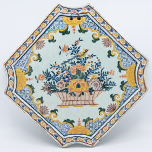 Antique 18th Century Dutch Delft Polychrome Wall Plaque with Bird and Flower Basket, circa 1750