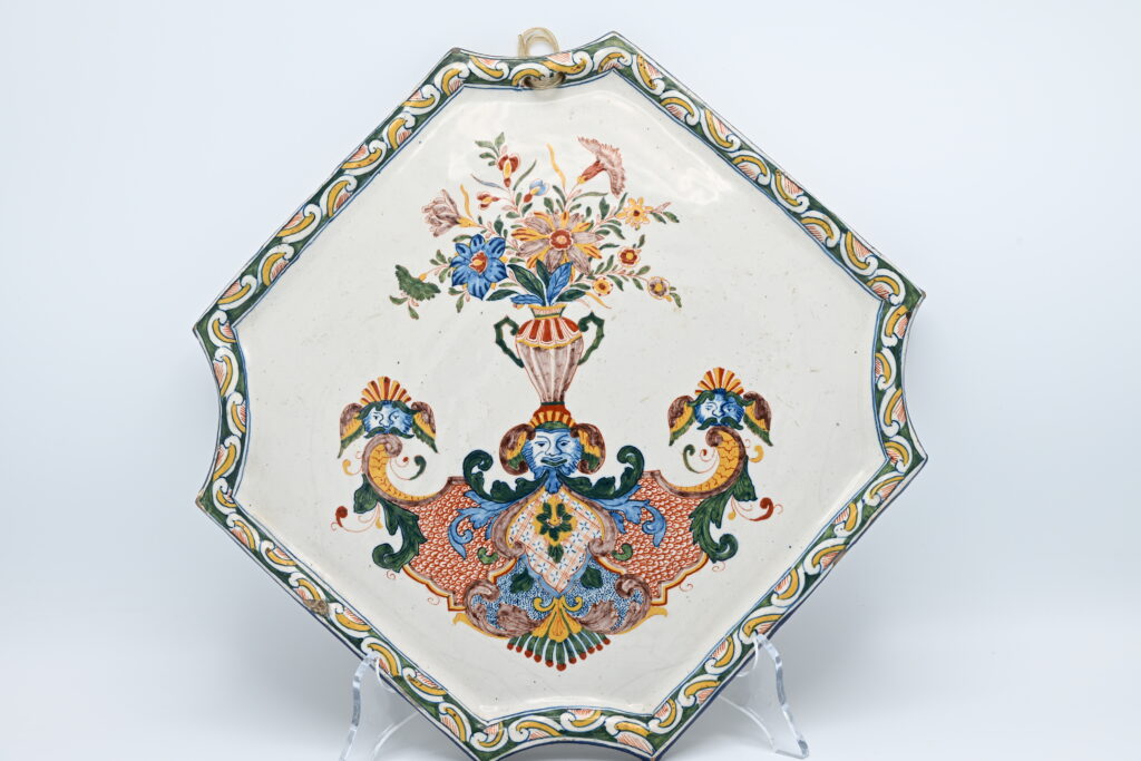 Polychrome Delftware Wall Plaque with Grotesque Ornament, Delft, circa 1750