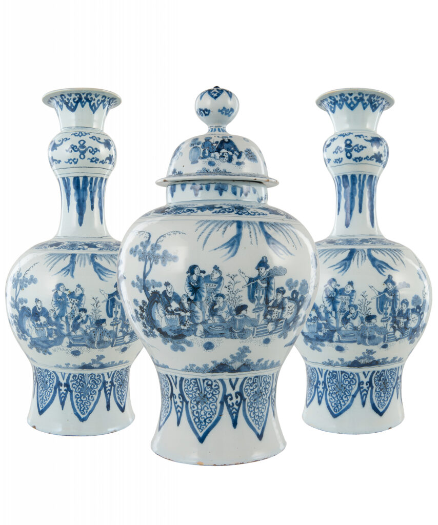 Large Three-Piece Blue and White Dutch Delftware Chinoiserie Garniture, late 17th century